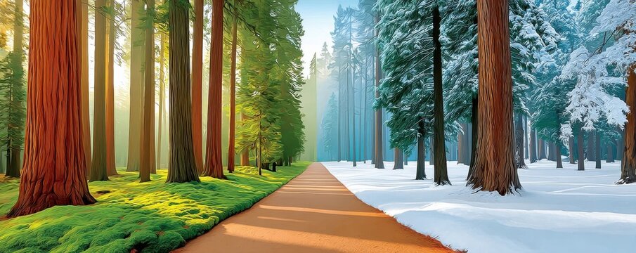 Forest path split between sunlit green spring and snowy winter showing seasonal contrast