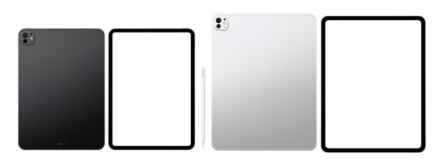 Fototapeta premium Photorealistic detailed modern black and silver tablet mockup pack with stylus. Front and rear view isolated on transparent background. Vector PNG