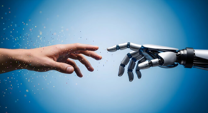 Human hand reaching to robot hand for connection on blue background technology digital concept.