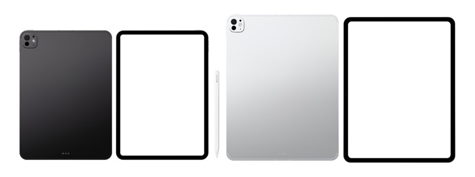 Photorealistic detailed modern black and silver tablet mockup pack with stylus. Front and rear view isolated on transparent background. Vector PNG