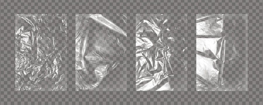 Realistic big set of transparent plastic polyethylene bags overlay. Wrapping packaging vinyl texture. Vector illustration