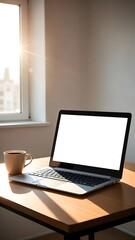 Computer with white screen on a modern desk, clean office environment, natural lighting, digital space for advertisements. © LeoArtes