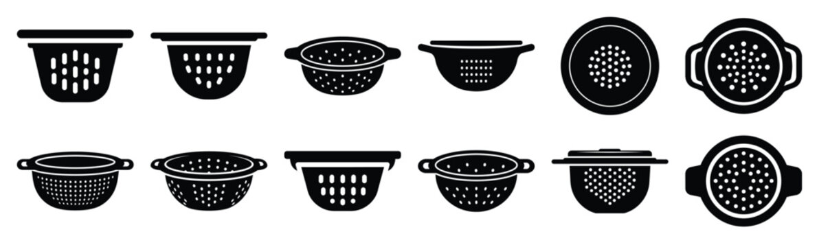 Minimalist sink colander insert silhouette icon set. Collection of Kitchen silhouette vector icons illustration.