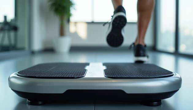 Person exercises on modern vibration plate for fitness. Machine helps build muscle tone improve balance and body strength. Gain energy wellness.