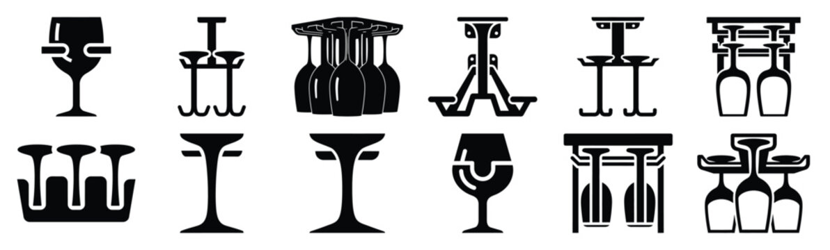 Minimalist stemware glass holder silhouette icon set. Collection of Kitchen silhouette vector icons illustration.