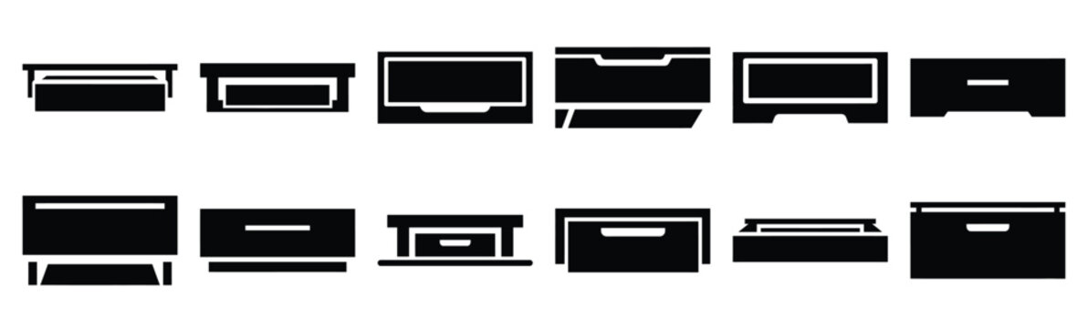 Minimalist toe kick drawer silhouette icon set. Collection of Kitchen silhouette vector icons illustration.