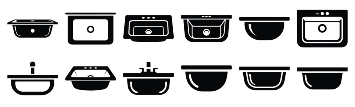 Minimalist top mount sink silhouette icon set. Collection of Kitchen silhouette vector icons illustration.