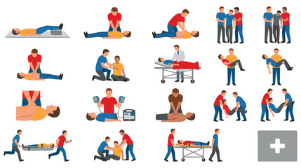 Fototapeta premium First aid and cardiopulmonary resuscitation flat medical icons set.