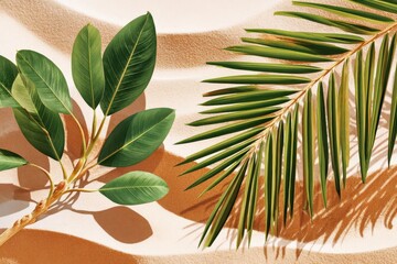 Fototapeta premium Sunlit palm and tropical leaves casting shadows over rippled beach sand in overhead composition