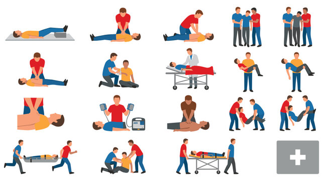 First aid and cardiopulmonary resuscitation flat medical icons set.