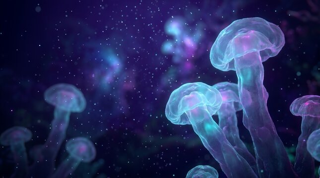 Bioluminescent alien mushrooms or translucent glowing organisms deep underwater