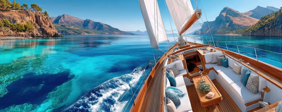 Sailing on a luxury yacht with turquoise sea views and sunlit wooden deck seating