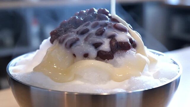 Cinematic closeup of Korean bingsu shaved ice with fine milk ice texture and red bean topping and condensed milk drizzle in cool toned lighting, refreshing dessert concept for commercial use