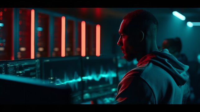 A male programmer observes complex digital data waveforms on multiple computer screens within a dark server room illuminated by intense red and blue neon light accents