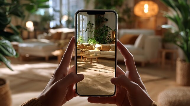 A smartphone held by two hands displays an augmented reality interface showing a bright modern living room with wooden furniture and soft natural sunlight streaming