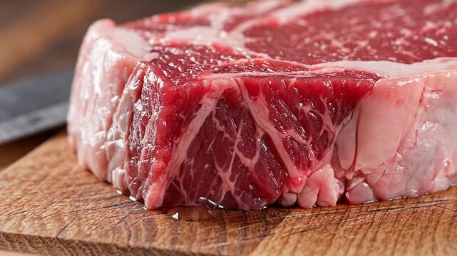 Close-up of fresh marbled beef slices on wooden cutting board emphasizing texture and marbling details in a horizontal shot