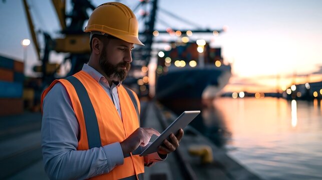 Bearded male logistic worker wearing a safety helmet and reflective vest, using a digital tablet for inventory management at a commercial dock with a cargo ship during sunset