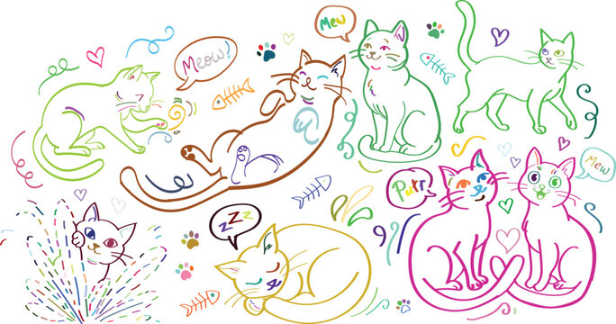 Colorful hand-drawn cat doodles with speech bubbles, hearts, and fish bones on white background