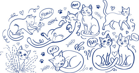 Fototapeta premium Hand-drawn doodle set of cats in various poses with speech bubbles, fish bones, and hearts