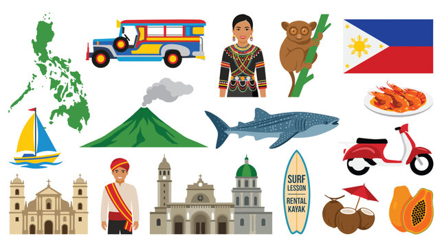 Philippines travel cultural icons and landmarks set collection.