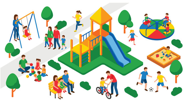Children playground isometric set with kids playing on outdoor equipment.
