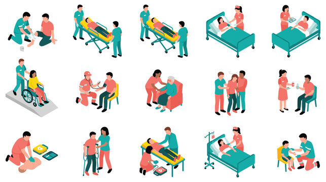 Medical care isometric set with doctors helping patients first aid.