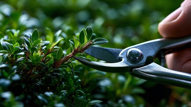 Macro view of sharp silver bypass pruners making a precise cut on a vibrant green branch of a small bush in a lush outdoor garden setting