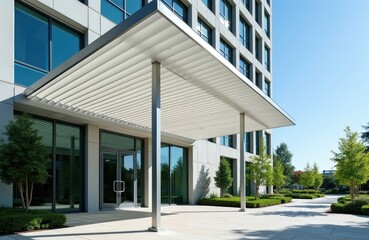 Fototapeta premium Modern office building entrance with white slatted pergola roof. Clean exterior with glass doors windows. Landscaped plaza outdoor area with trees.