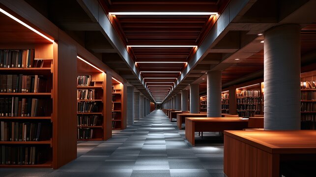 An expansive library corridor stretches between rows of tall wooden bookshelves and study desks illuminated by warm linear ceiling lights in a quiet academic space