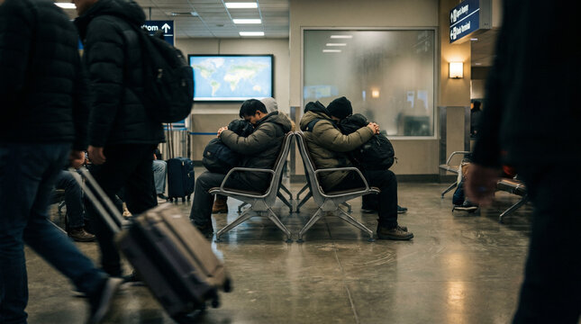 Exhausted Travelers Sleeping on Waiting Chairs at Airport Terminal Due to Flight Delay or Long Transit
