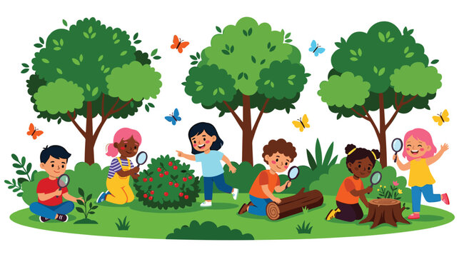 Children exploring forest nature using magnifying glasses outside set.