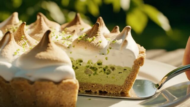 Closeup of a slice of key lime pie with fluffy meringue topping and lime zest and graham cracker crust in bright summer lighting, fresh green tone dessert concept for commercial use