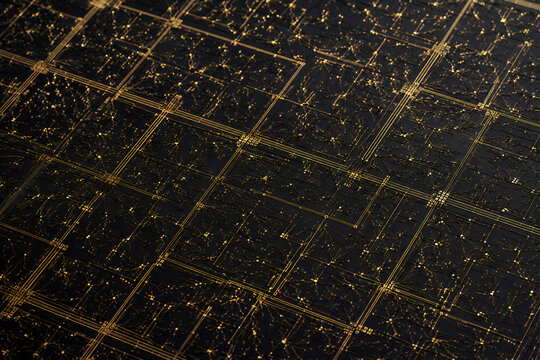 Top Down Industrial Macro of a Neuromorphic Processor Wafer with Micro Synaptic Nodes and Fine Gold Circuitry Veins.