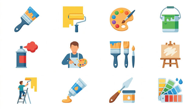 Artistic tools and supplies for painting and decorating.