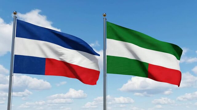 Two waving flags of extremadura and los rios against a clear blue sky, 3 d rendered national and regional symbols for diplomatic concepts