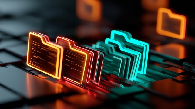 Digital data storage folders with neon illuminated edges are arranged in a row on a dark textured computer component surface featuring sharp focus and high contrast