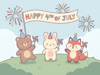 Naklejka premium Adorable cartoon bear rabbit and fox celebrating Fourth of July