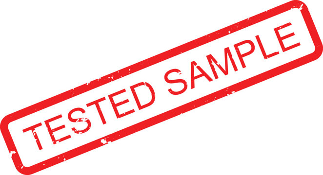 A distinctive red grunge rubber stamp marking a specific item as a tested sample for review