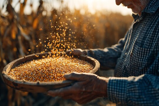 An elderly farmer holds a worn wooden sieve filled with golden corn kernels while working in a sun-drenched field during the peak of the autumn harvest season
