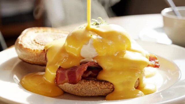 Eye level closeup of eggs benedict with hollandaise sauce pouring over poached egg and crispy english muffin and rising steam in bright brunch lighting, food texture concept