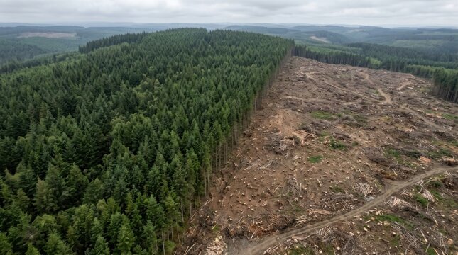 Aerial view of deforestation contrasting with a lush, thriving forest ecosystem.