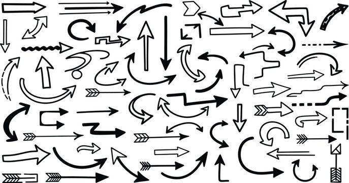 Hand drawn arrow set directional indicators and flowchart elements silhouette