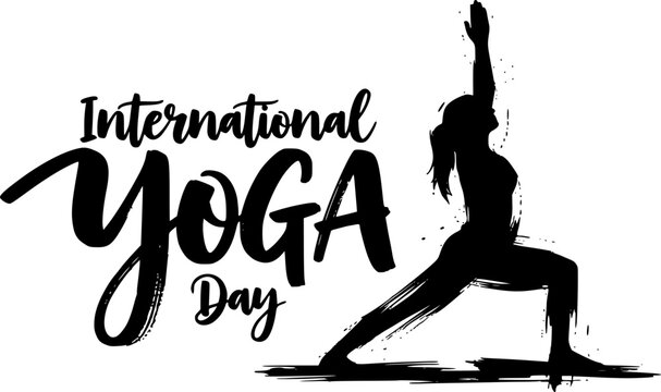 International Yoga Day bold grunge typography with dynamic warrior pose woman silhouette, perfect for June 21 celebrations, fitness promotions, social media banners, wellness events, and healthy lifes