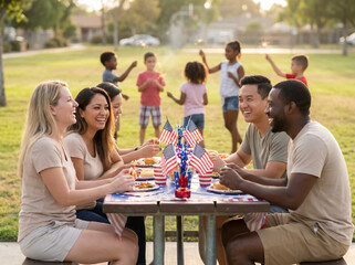 Fototapeta premium Asian Family Having Summer Dinner Party Around Wooden Picnic Table