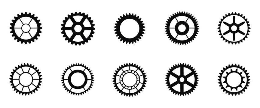 Bike Sprocket Vector Icon Pack with Black Gear Wheels, Bicycle Chainring Symbols, Cycling Parts, Mechanic Elements, and Clean Design Graphics