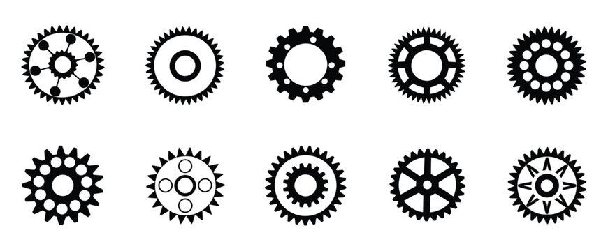 Bike Sprocket Black Icon Set with Bicycle Gear Wheels, Chainring Symbols, Cycling Parts, Mechanic Tools, and Clean Vector Design Elements