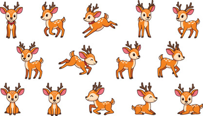 Fototapeta premium Set of Cute Cartoon Deer Illustrations with Antlers for Kids, Nature, and Forest-Themed Designs – Playful, Friendly, and Adorable Characters