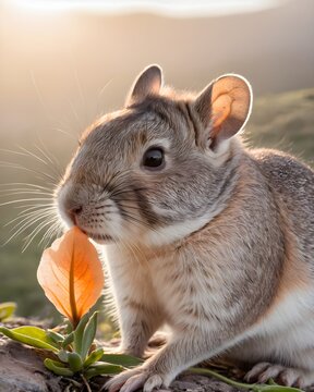 A   viscacha rat  genetic hybrid experiment  fantasy animal, fictional species in a spring blossom plateau sniffing a leaf