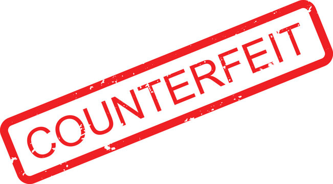 Grunge style red rubber stamp with the word Counterfeit indicating fake or illegal product warning