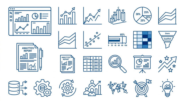 Collection of business analytics and data visualization icons.
